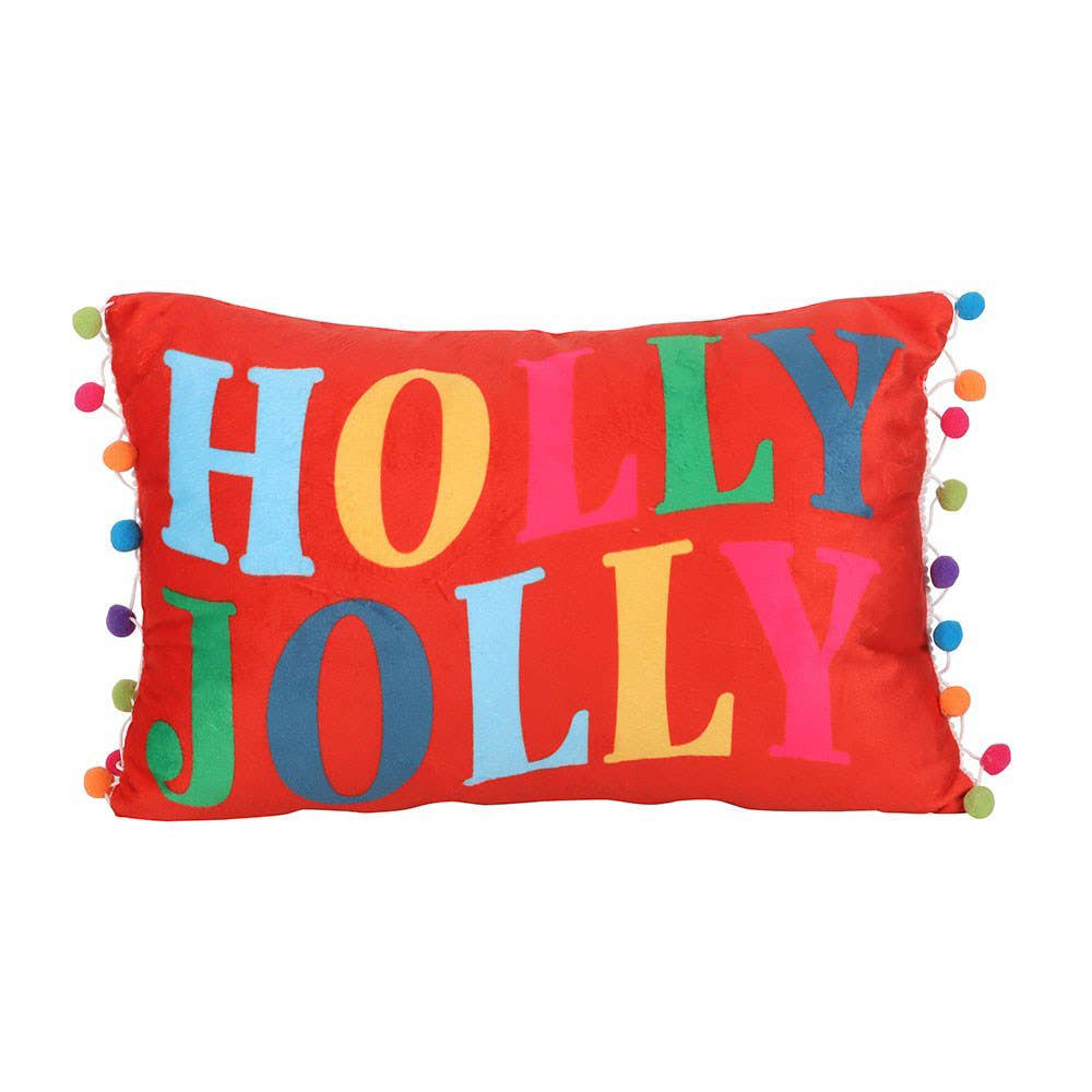 Red Holly Jolly Cushion with Pom Poms